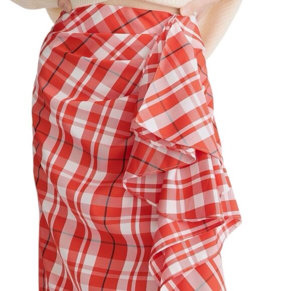 J Crew Skirt 4 Red Plaid Ruffle Pencil Midi Holiday Festive Preppy Lightweight - Picture 2 of 11